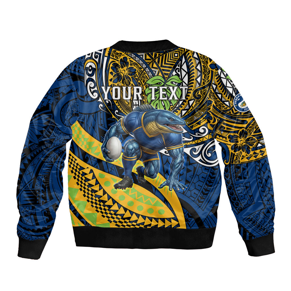 Personalised Parramatta Eels Bomber Jacket Polynesian Tribal Art Style With Muscular Eel Mascot