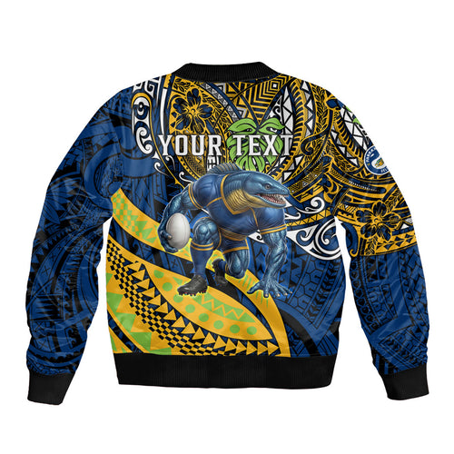 Personalised Parramatta Eels Bomber Jacket Polynesian Tribal Art Style With Muscular Eel Mascot