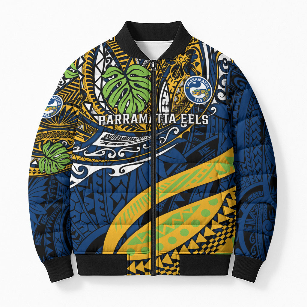 Personalised Parramatta Eels Bomber Puffer Jacket Polynesian Tribal Art Style With Muscular Eel Mascot