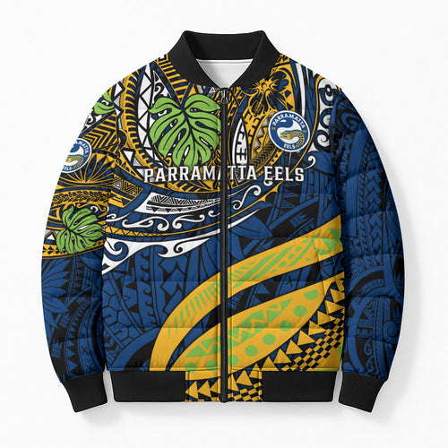 Personalised Parramatta Eels Bomber Puffer Jacket Polynesian Tribal Art Style With Muscular Eel Mascot