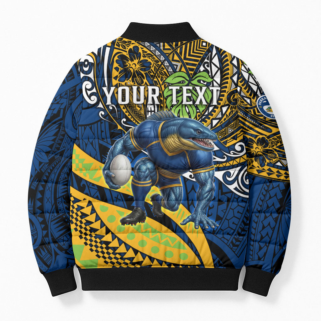 Personalised Parramatta Eels Bomber Puffer Jacket Polynesian Tribal Art Style With Muscular Eel Mascot