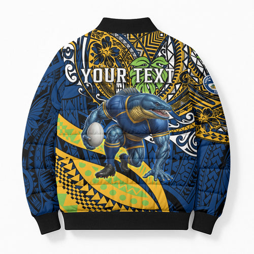 Personalised Parramatta Eels Bomber Puffer Jacket Polynesian Tribal Art Style With Muscular Eel Mascot