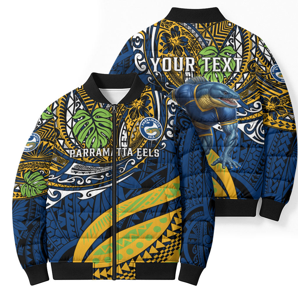 Personalised Parramatta Eels Bomber Puffer Jacket Polynesian Tribal Art Style With Muscular Eel Mascot