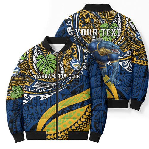 Personalised Parramatta Eels Bomber Puffer Jacket Polynesian Tribal Art Style With Muscular Eel Mascot