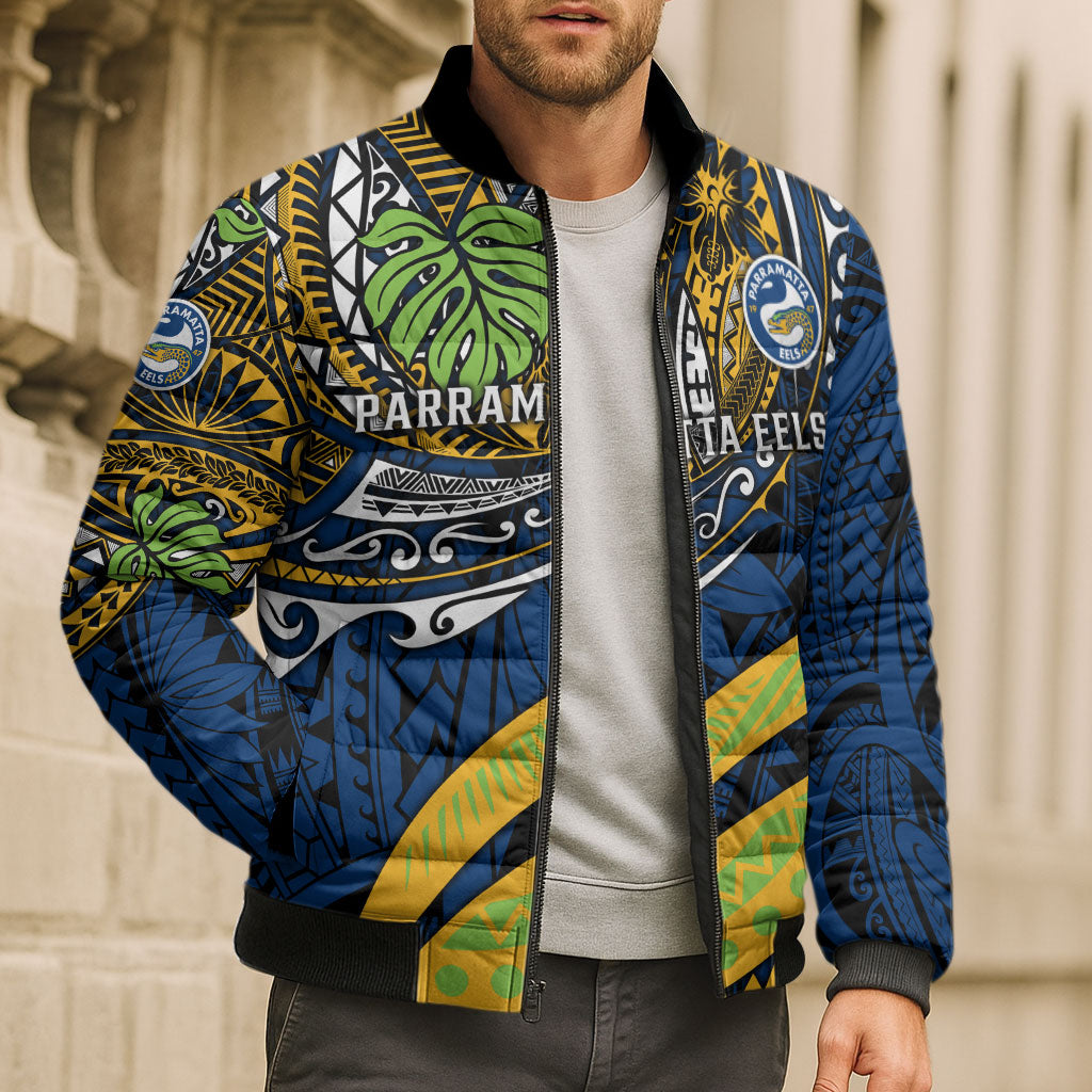 Personalised Parramatta Eels Bomber Puffer Jacket Polynesian Tribal Art Style With Muscular Eel Mascot