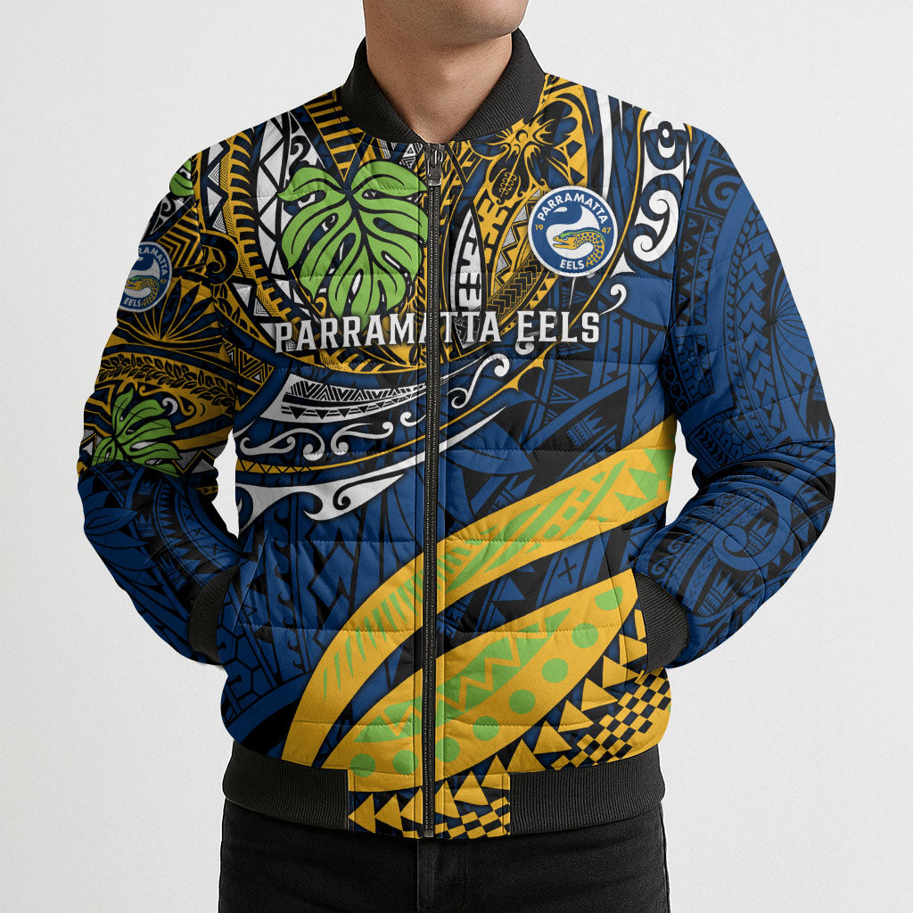 Personalised Parramatta Eels Bomber Puffer Jacket Polynesian Tribal Art Style With Muscular Eel Mascot