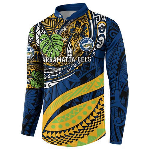 Personalised Parramatta Eels Button Sweatshirt Polynesian Tribal Art Style With Muscular Eel Mascot