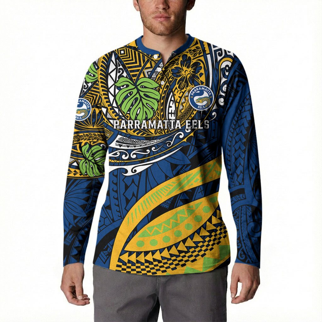 Personalised Parramatta Eels Button Sweatshirt Polynesian Tribal Art Style With Muscular Eel Mascot