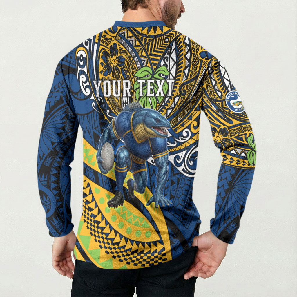 Personalised Parramatta Eels Button Sweatshirt Polynesian Tribal Art Style With Muscular Eel Mascot