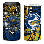 Personalised Parramatta Eels 4 in 1 Can Cooler Tumbler Polynesian Tribal Art Style With Muscular Eel Mascot