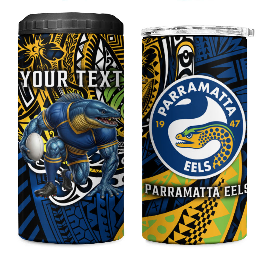 Personalised Parramatta Eels 4 in 1 Can Cooler Tumbler Polynesian Tribal Art Style With Muscular Eel Mascot