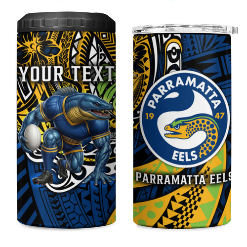 Personalised Parramatta Eels 4 in 1 Can Cooler Tumbler Polynesian Tribal Art Style With Muscular Eel Mascot