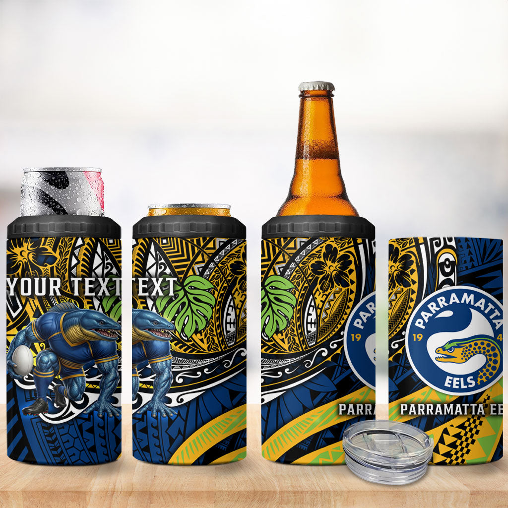 Personalised Parramatta Eels 4 in 1 Can Cooler Tumbler Polynesian Tribal Art Style With Muscular Eel Mascot