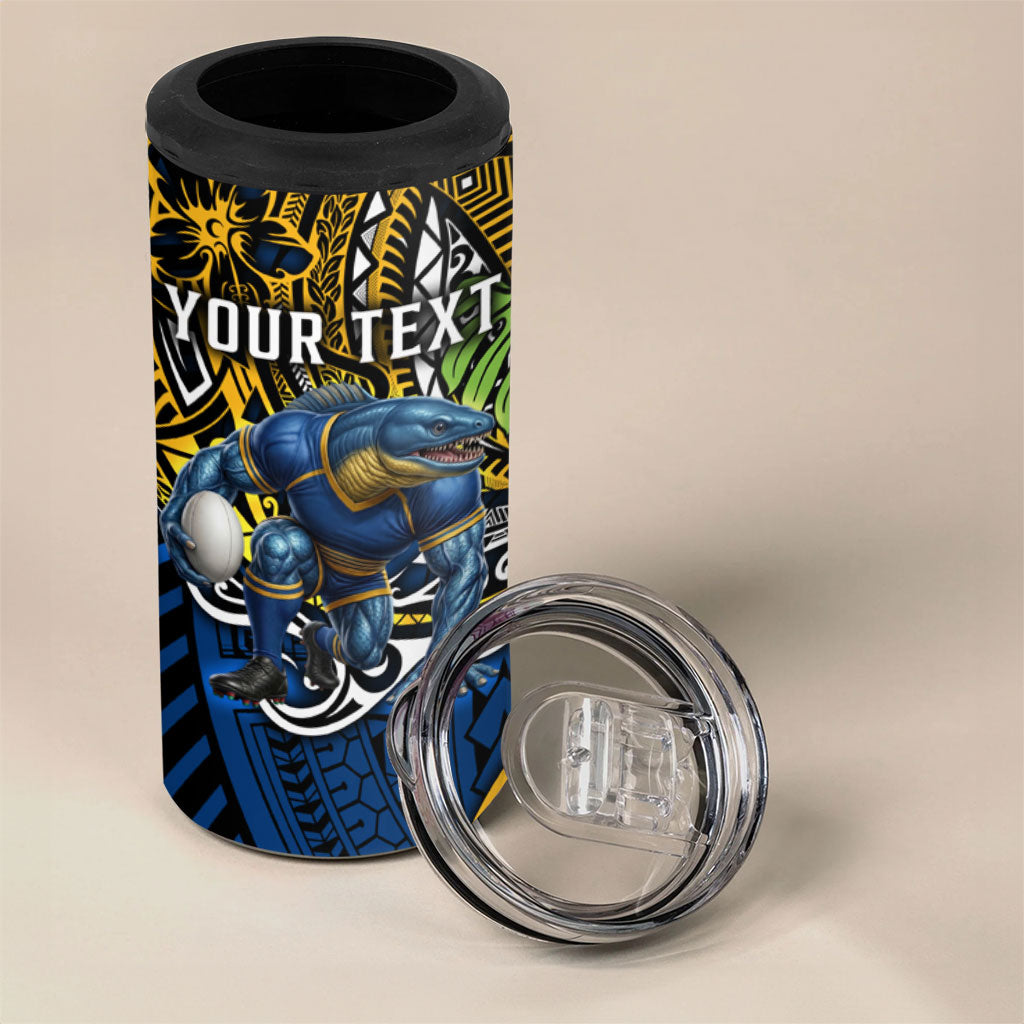 Personalised Parramatta Eels 4 in 1 Can Cooler Tumbler Polynesian Tribal Art Style With Muscular Eel Mascot