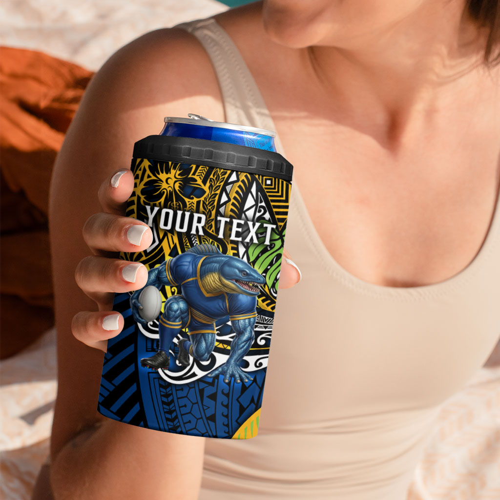Personalised Parramatta Eels 4 in 1 Can Cooler Tumbler Polynesian Tribal Art Style With Muscular Eel Mascot