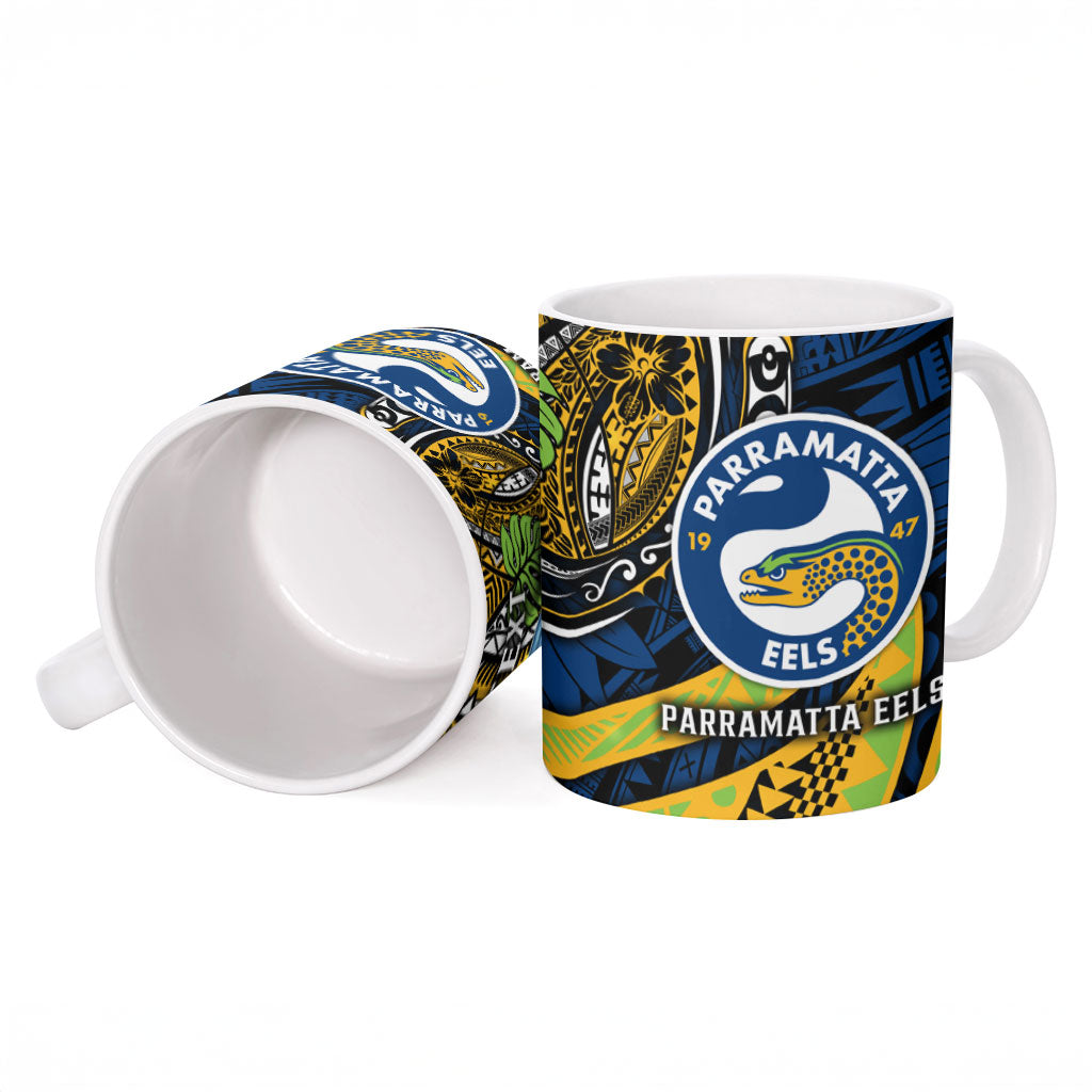 Personalised Parramatta Eels Ceramic Mug Polynesian Tribal Art Style With Muscular Eel Mascot