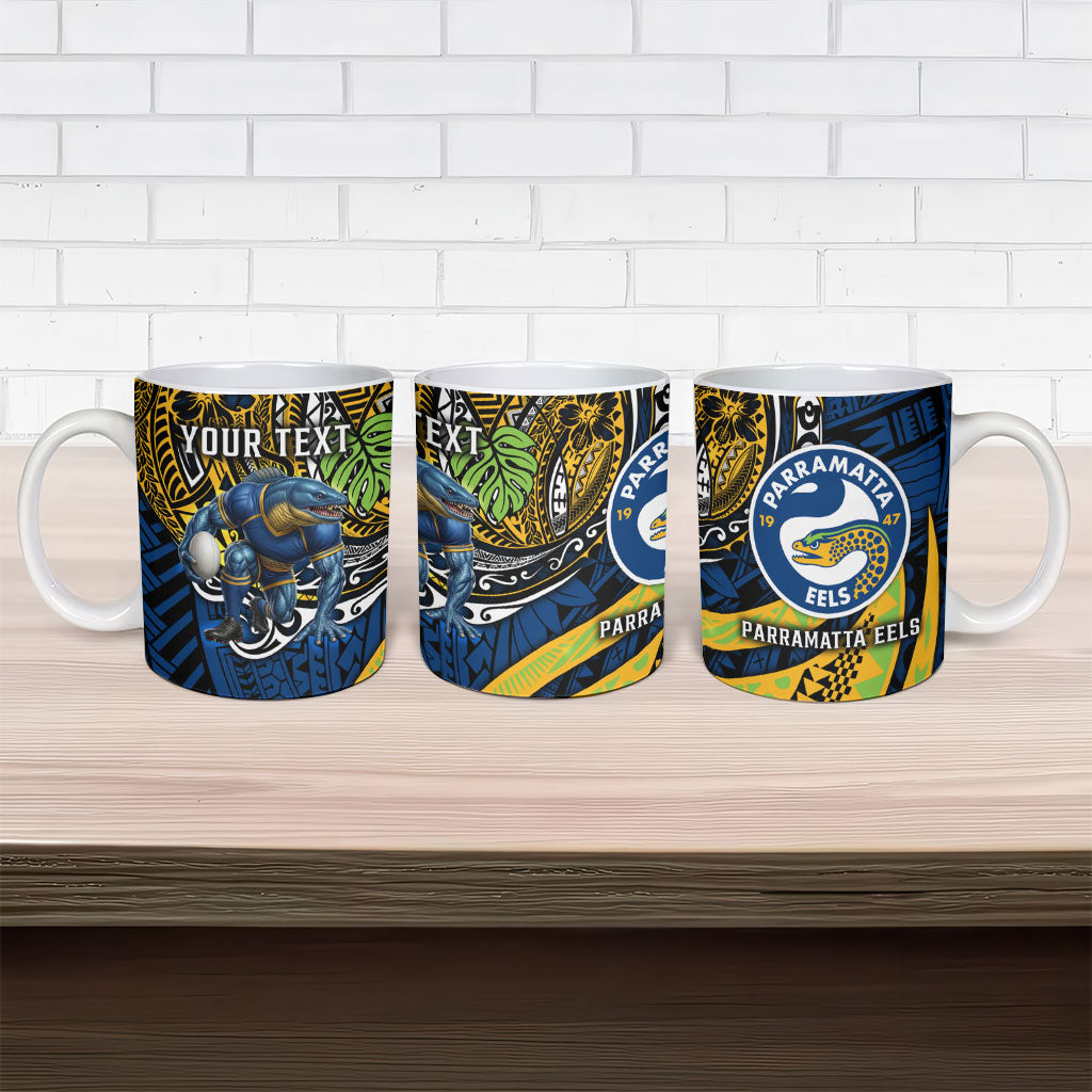 Personalised Parramatta Eels Ceramic Mug Polynesian Tribal Art Style With Muscular Eel Mascot