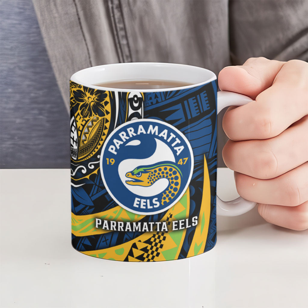Personalised Parramatta Eels Ceramic Mug Polynesian Tribal Art Style With Muscular Eel Mascot