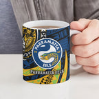 Personalised Parramatta Eels Ceramic Mug Polynesian Tribal Art Style With Muscular Eel Mascot