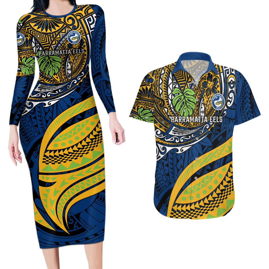 Personalised Parramatta Eels Couples Matching Long Sleeve Bodycon Dress and Hawaiian Shirt Polynesian Tribal Art Style With Muscular Eel Mascot
