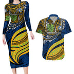 Personalised Parramatta Eels Couples Matching Long Sleeve Bodycon Dress and Hawaiian Shirt Polynesian Tribal Art Style With Muscular Eel Mascot