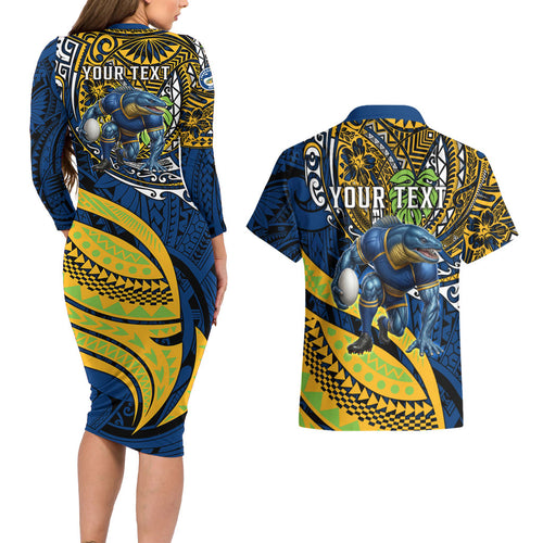 Personalised Parramatta Eels Couples Matching Long Sleeve Bodycon Dress and Hawaiian Shirt Polynesian Tribal Art Style With Muscular Eel Mascot