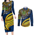 Personalised Parramatta Eels Couples Matching Long Sleeve Bodycon Dress and Long Sleeve Button Shirt Polynesian Tribal Art Style With Muscular Eel Mascot