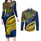 Personalised Parramatta Eels Couples Matching Long Sleeve Bodycon Dress and Long Sleeve Button Shirt Polynesian Tribal Art Style With Muscular Eel Mascot