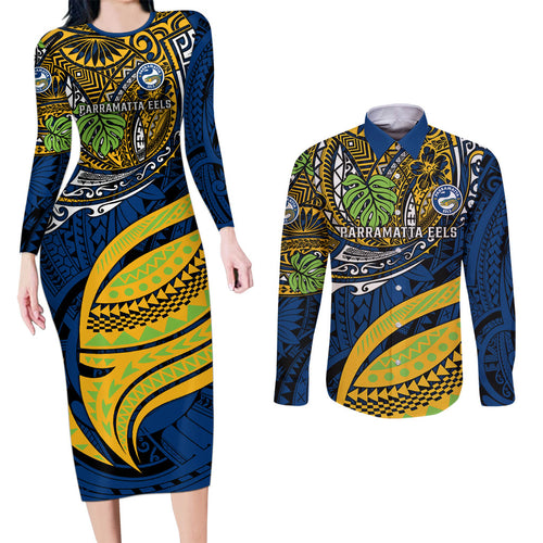 Personalised Parramatta Eels Couples Matching Long Sleeve Bodycon Dress and Long Sleeve Button Shirt Polynesian Tribal Art Style With Muscular Eel Mascot