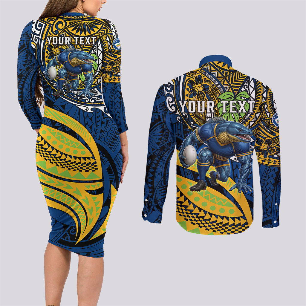 Personalised Parramatta Eels Couples Matching Long Sleeve Bodycon Dress and Long Sleeve Button Shirt Polynesian Tribal Art Style With Muscular Eel Mascot
