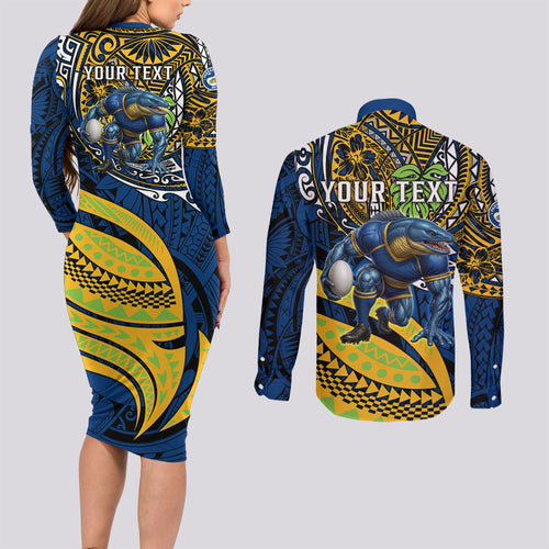 Personalised Parramatta Eels Couples Matching Long Sleeve Bodycon Dress and Long Sleeve Button Shirt Polynesian Tribal Art Style With Muscular Eel Mascot