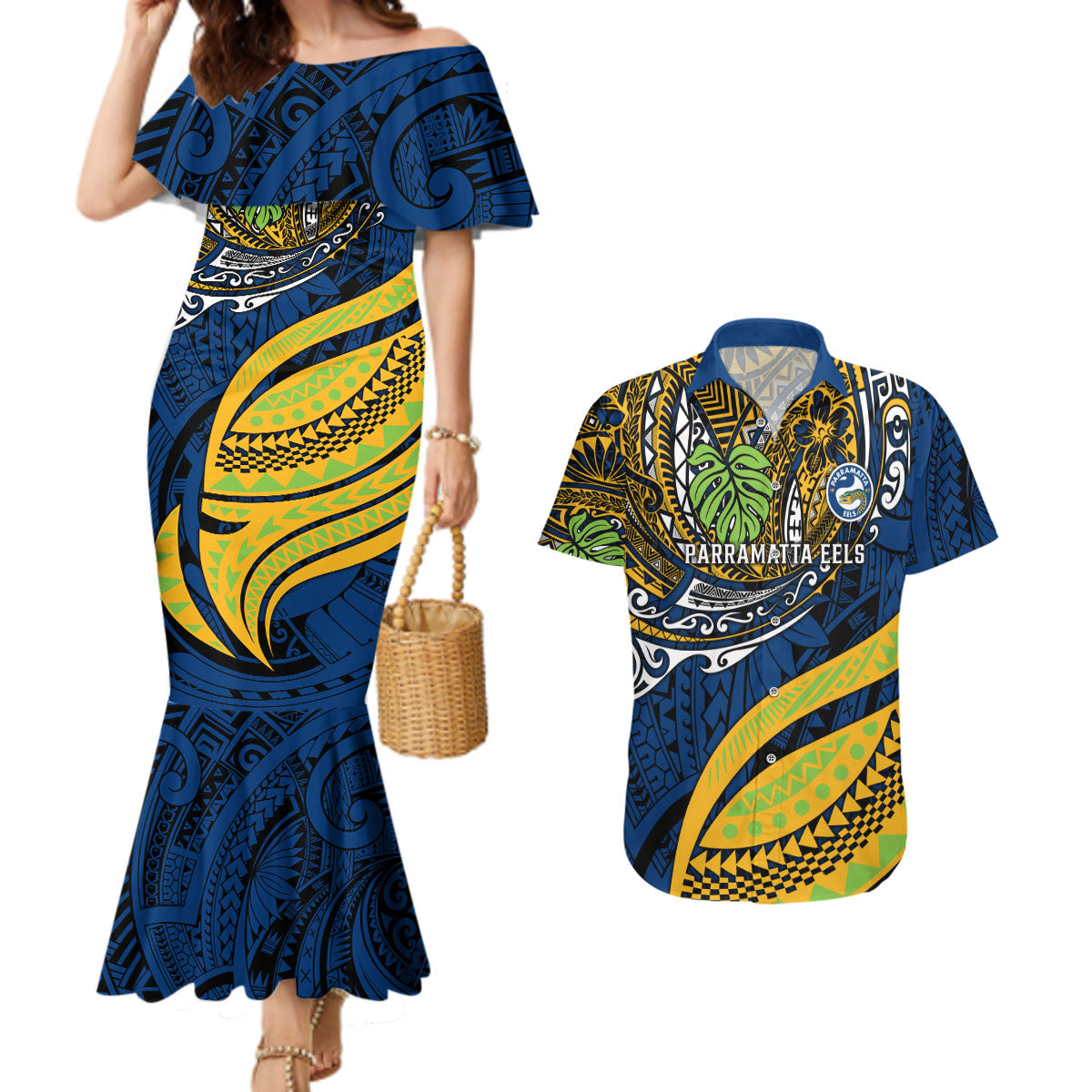 Personalised Parramatta Eels Couples Matching Mermaid Dress and Hawaiian Shirt Polynesian Tribal Art Style With Muscular Eel Mascot