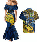 Personalised Parramatta Eels Couples Matching Mermaid Dress and Hawaiian Shirt Polynesian Tribal Art Style With Muscular Eel Mascot