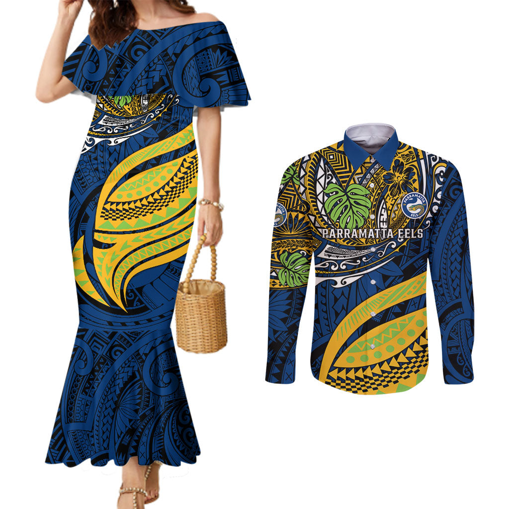 Personalised Parramatta Eels Couples Matching Mermaid Dress and Long Sleeve Button Shirt Polynesian Tribal Art Style With Muscular Eel Mascot