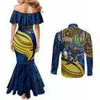 Personalised Parramatta Eels Couples Matching Mermaid Dress and Long Sleeve Button Shirt Polynesian Tribal Art Style With Muscular Eel Mascot