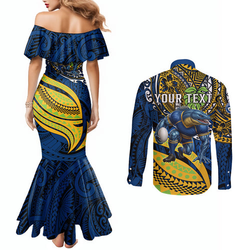 Personalised Parramatta Eels Couples Matching Mermaid Dress and Long Sleeve Button Shirt Polynesian Tribal Art Style With Muscular Eel Mascot
