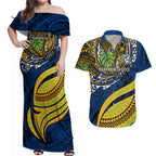 Personalised Parramatta Eels Couples Matching Off Shoulder Maxi Dress and Hawaiian Shirt Polynesian Tribal Art Style With Muscular Eel Mascot
