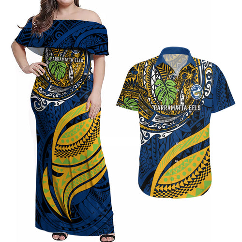 Personalised Parramatta Eels Couples Matching Off Shoulder Maxi Dress and Hawaiian Shirt Polynesian Tribal Art Style With Muscular Eel Mascot