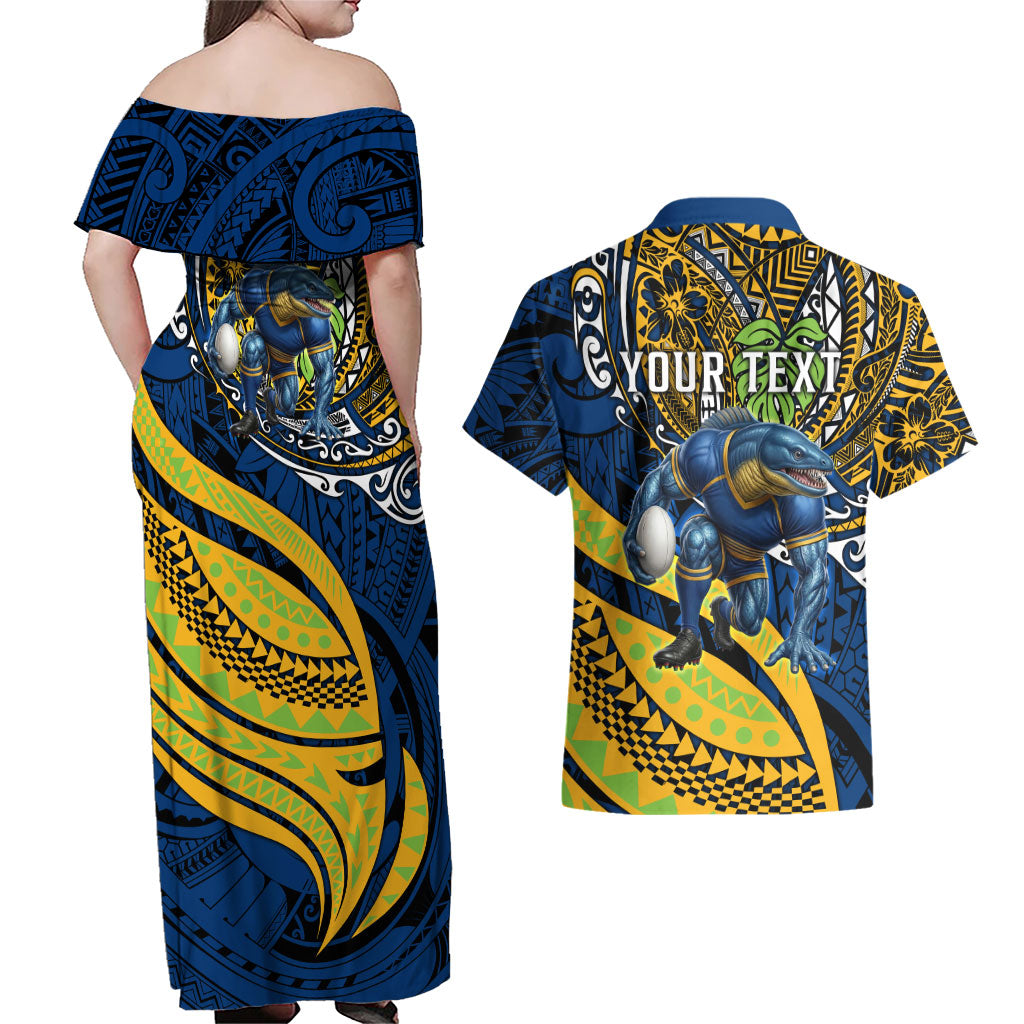 Personalised Parramatta Eels Couples Matching Off Shoulder Maxi Dress and Hawaiian Shirt Polynesian Tribal Art Style With Muscular Eel Mascot
