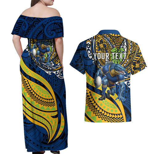 Personalised Parramatta Eels Couples Matching Off Shoulder Maxi Dress and Hawaiian Shirt Polynesian Tribal Art Style With Muscular Eel Mascot