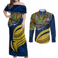 Personalised Parramatta Eels Couples Matching Off Shoulder Maxi Dress and Long Sleeve Button Shirt Polynesian Tribal Art Style With Muscular Eel Mascot