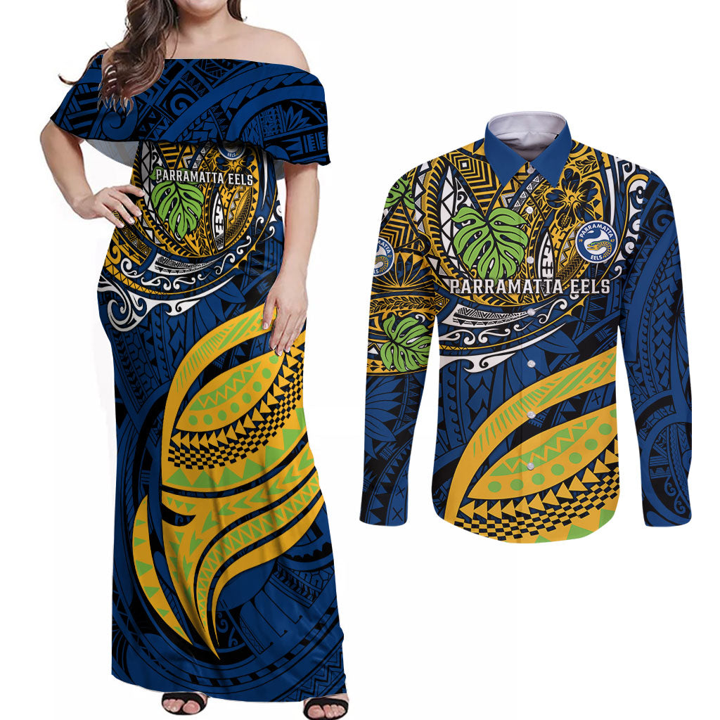 Personalised Parramatta Eels Couples Matching Off Shoulder Maxi Dress and Long Sleeve Button Shirt Polynesian Tribal Art Style With Muscular Eel Mascot