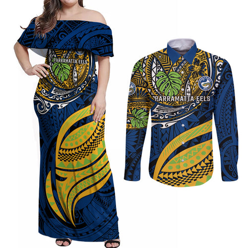 Personalised Parramatta Eels Couples Matching Off Shoulder Maxi Dress and Long Sleeve Button Shirt Polynesian Tribal Art Style With Muscular Eel Mascot