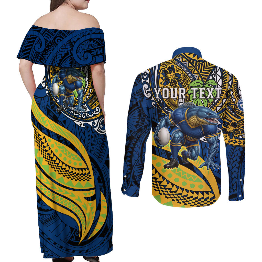 Personalised Parramatta Eels Couples Matching Off Shoulder Maxi Dress and Long Sleeve Button Shirt Polynesian Tribal Art Style With Muscular Eel Mascot
