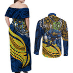 Personalised Parramatta Eels Couples Matching Off Shoulder Maxi Dress and Long Sleeve Button Shirt Polynesian Tribal Art Style With Muscular Eel Mascot