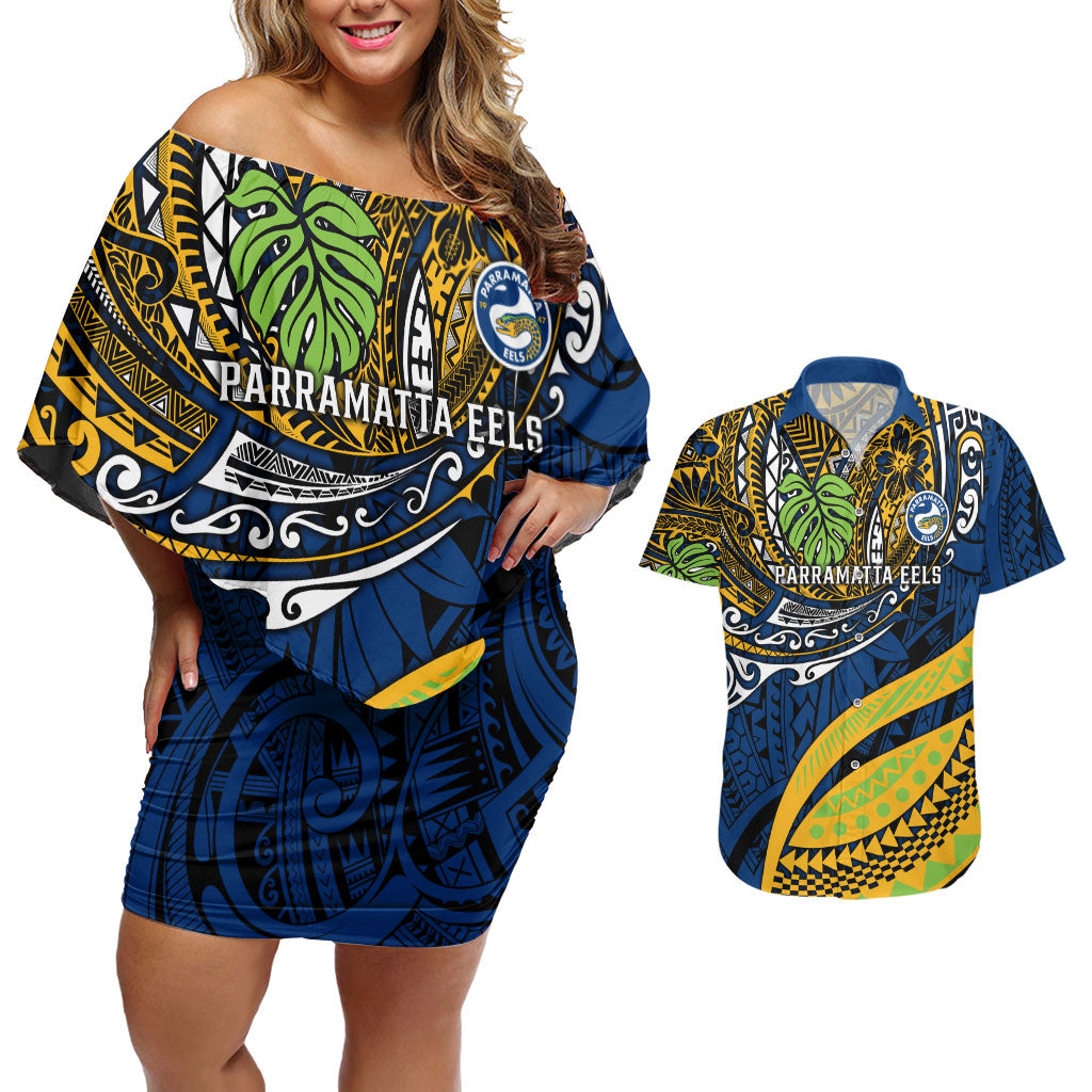 Personalised Parramatta Eels Couples Matching Off Shoulder Short Dress and Hawaiian Shirt Polynesian Tribal Art Style With Muscular Eel Mascot