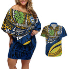 Personalised Parramatta Eels Couples Matching Off Shoulder Short Dress and Hawaiian Shirt Polynesian Tribal Art Style With Muscular Eel Mascot