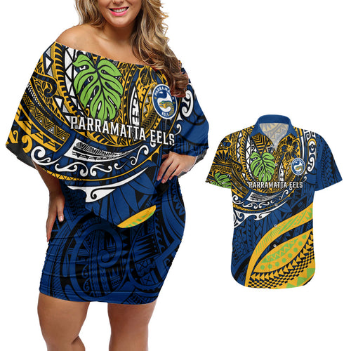 Personalised Parramatta Eels Couples Matching Off Shoulder Short Dress and Hawaiian Shirt Polynesian Tribal Art Style With Muscular Eel Mascot