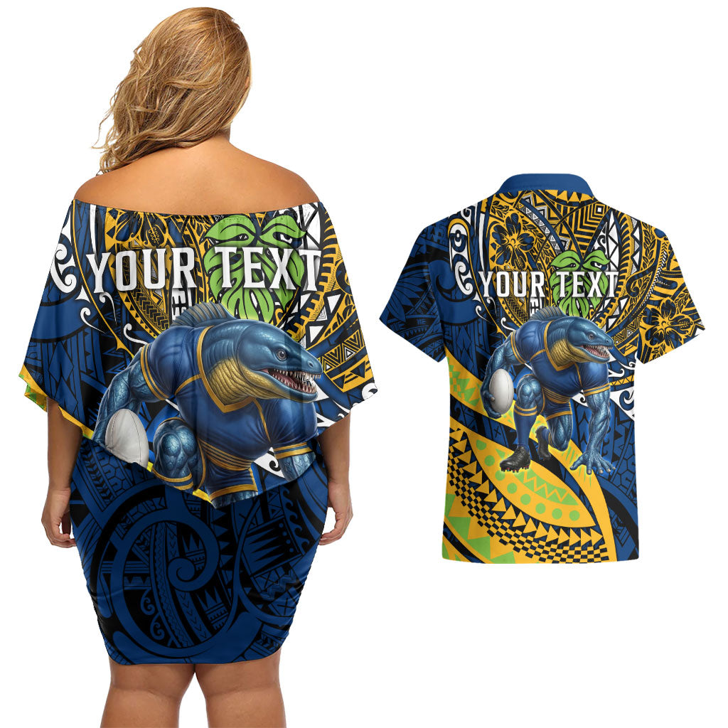 Personalised Parramatta Eels Couples Matching Off Shoulder Short Dress and Hawaiian Shirt Polynesian Tribal Art Style With Muscular Eel Mascot