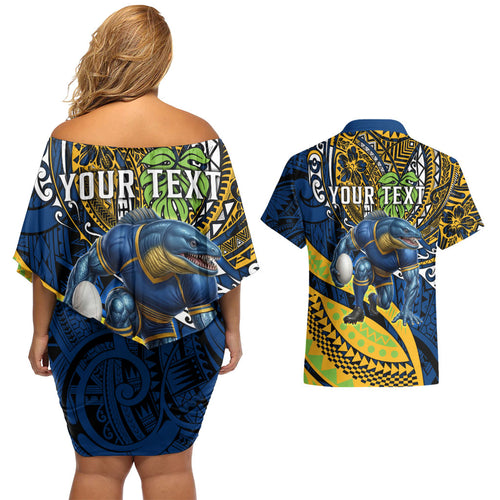 Personalised Parramatta Eels Couples Matching Off Shoulder Short Dress and Hawaiian Shirt Polynesian Tribal Art Style With Muscular Eel Mascot